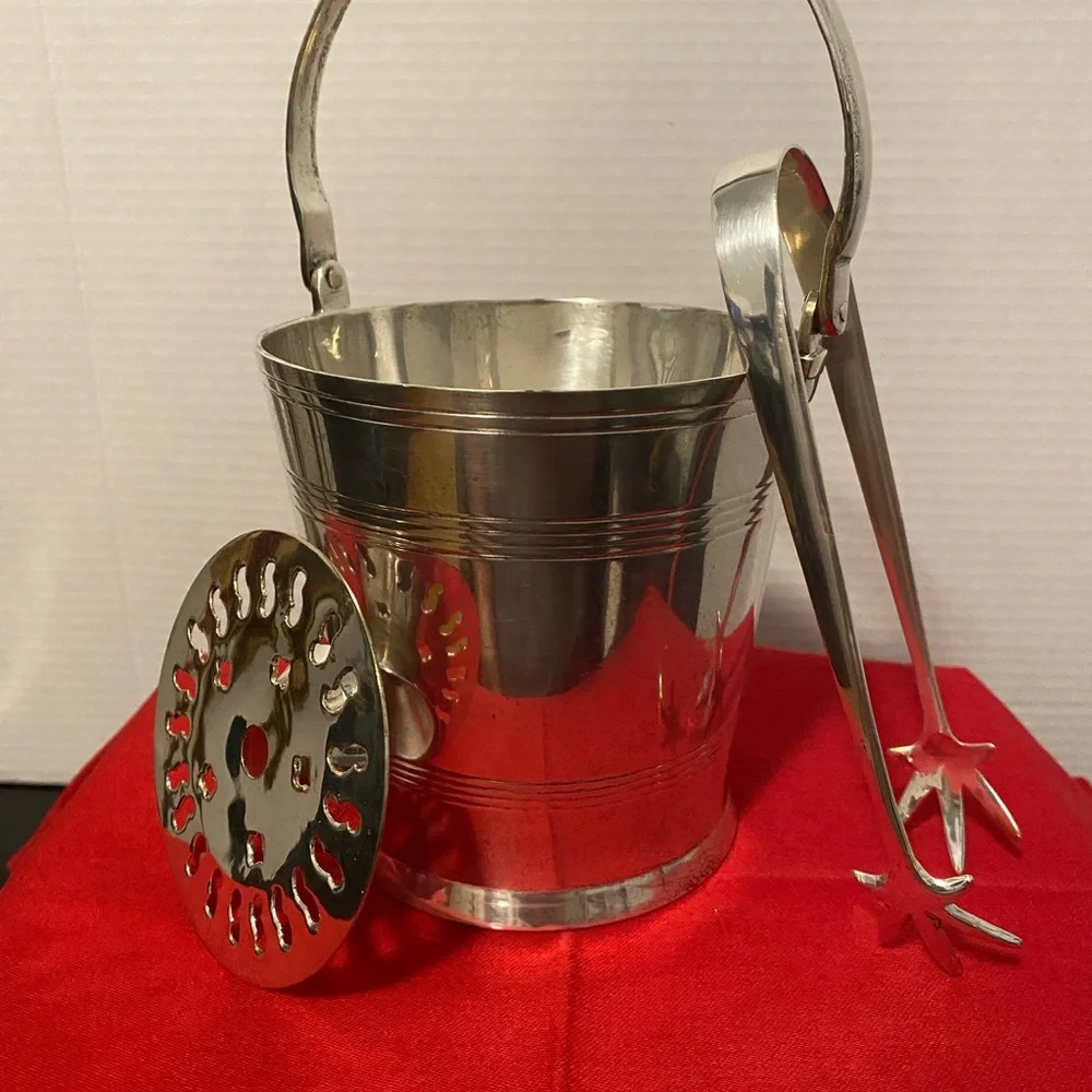 Vintage MCM Silver Plated Ice Bucket, Drainer and Claw Style Ice Tongs